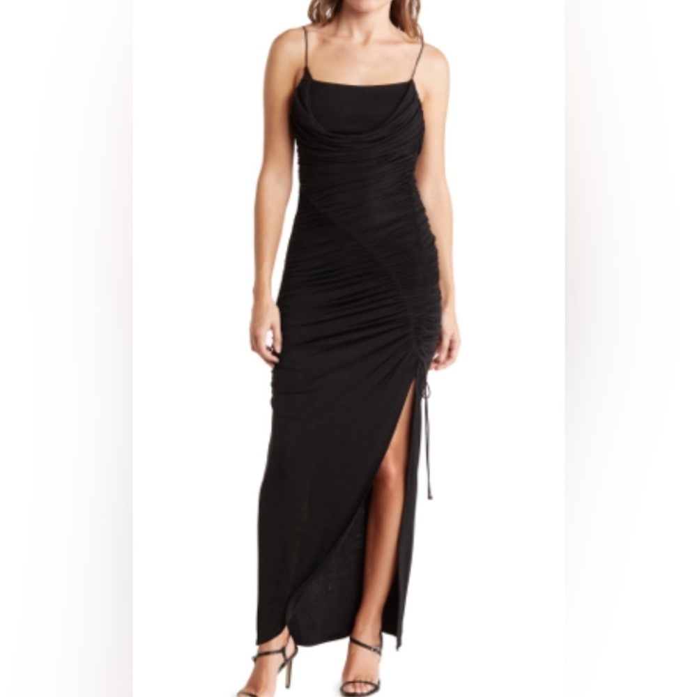 NWT Alice + Olivia Lux Ruched Maxi Dress Black Slim Fit High Slit Size 8